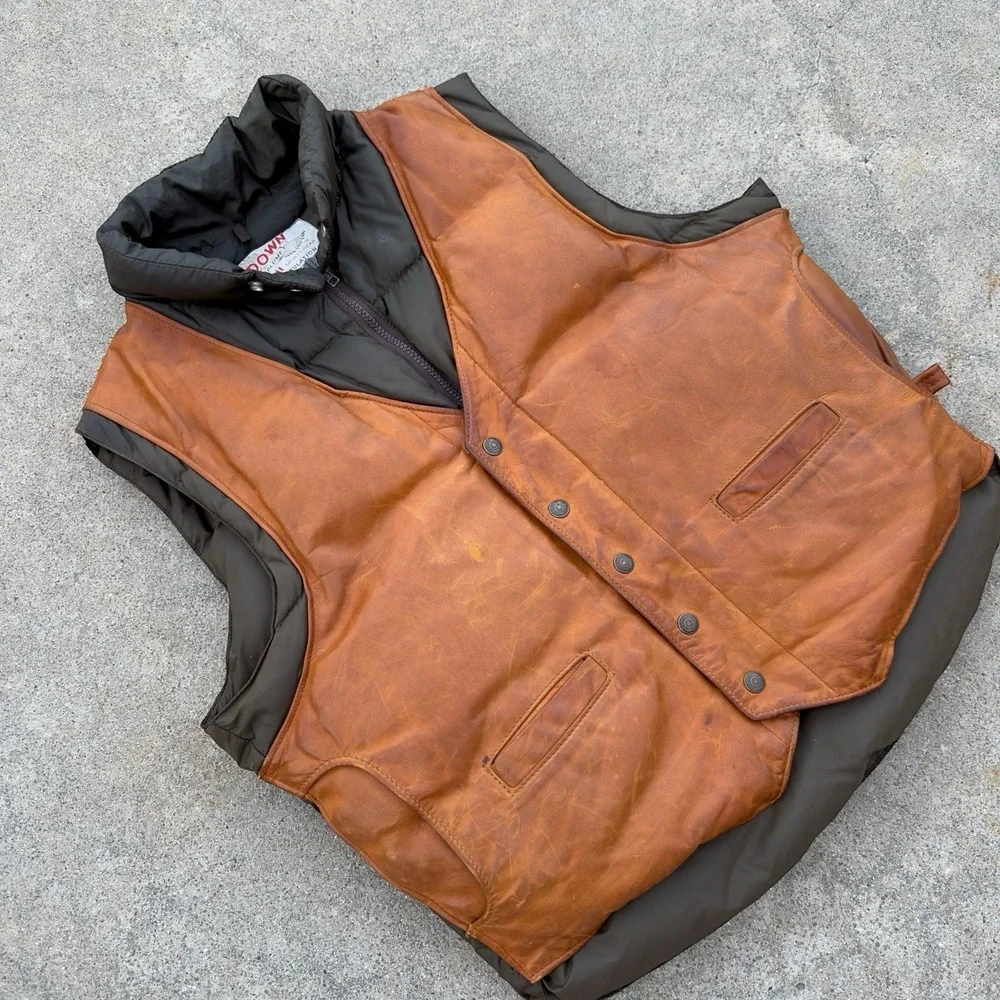 VTG Schott NYC Leather Down Plume Puffer Vest Men's Size 44 Western 70s 80s USA